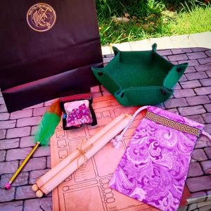 An assortment of tabletop gaming supplies on a table