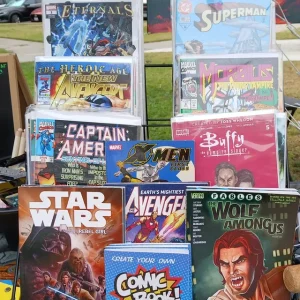 A display filled with comic books and graphic novels