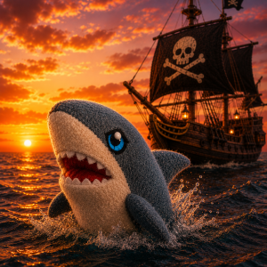 Avatar featuring a plush shark breaching the water next to a pirate ship