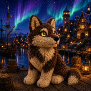 Avatar featuring a brown and tan wolf sitting on a dock at night
