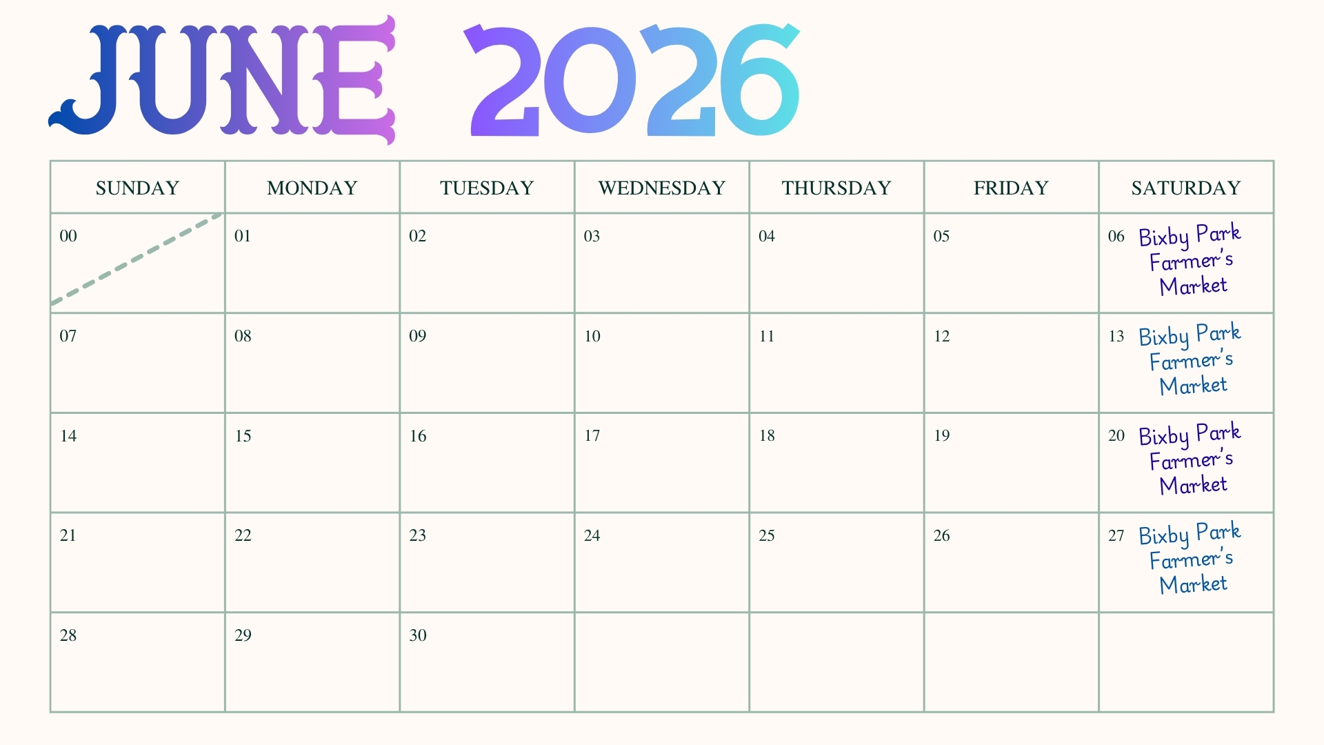 An event calendar for the month of June in 2026 listing farmer's market events