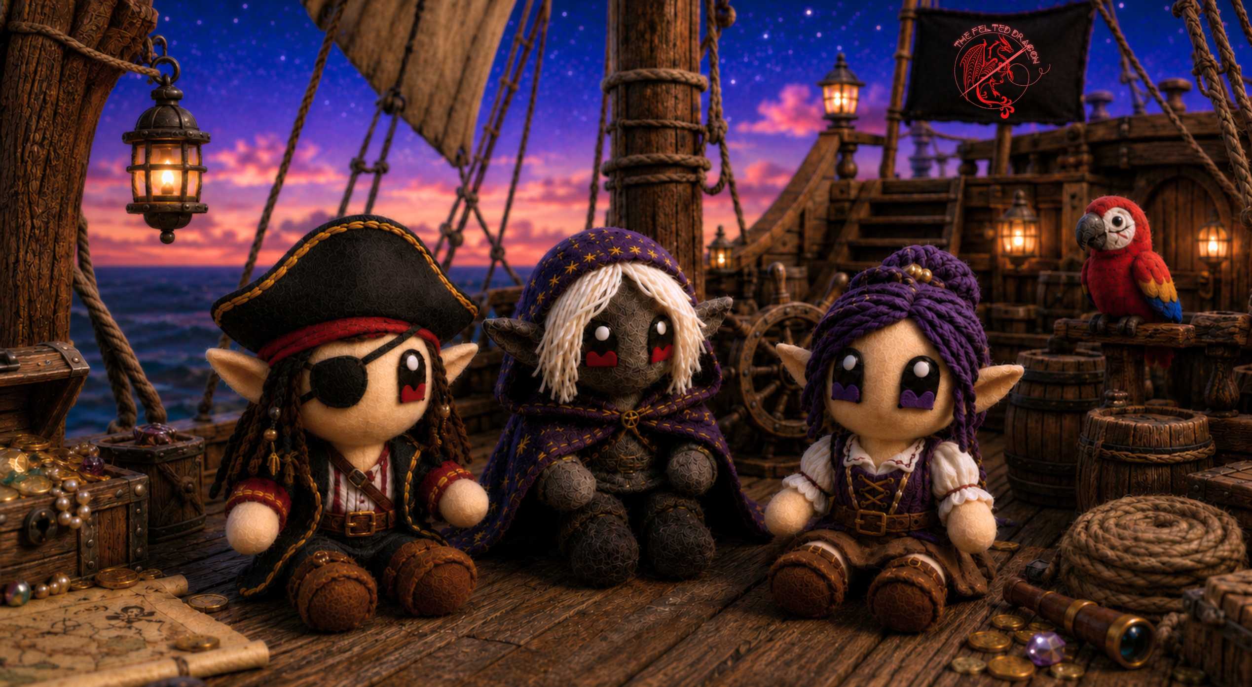 PromoBanner_Pirates A trio of elf pirates sit surrounded by treasure on the deck of a pirate ship