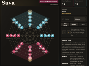 A screenshot illustrating a virtual game board somewhat similar to chess set in a spider web pattern