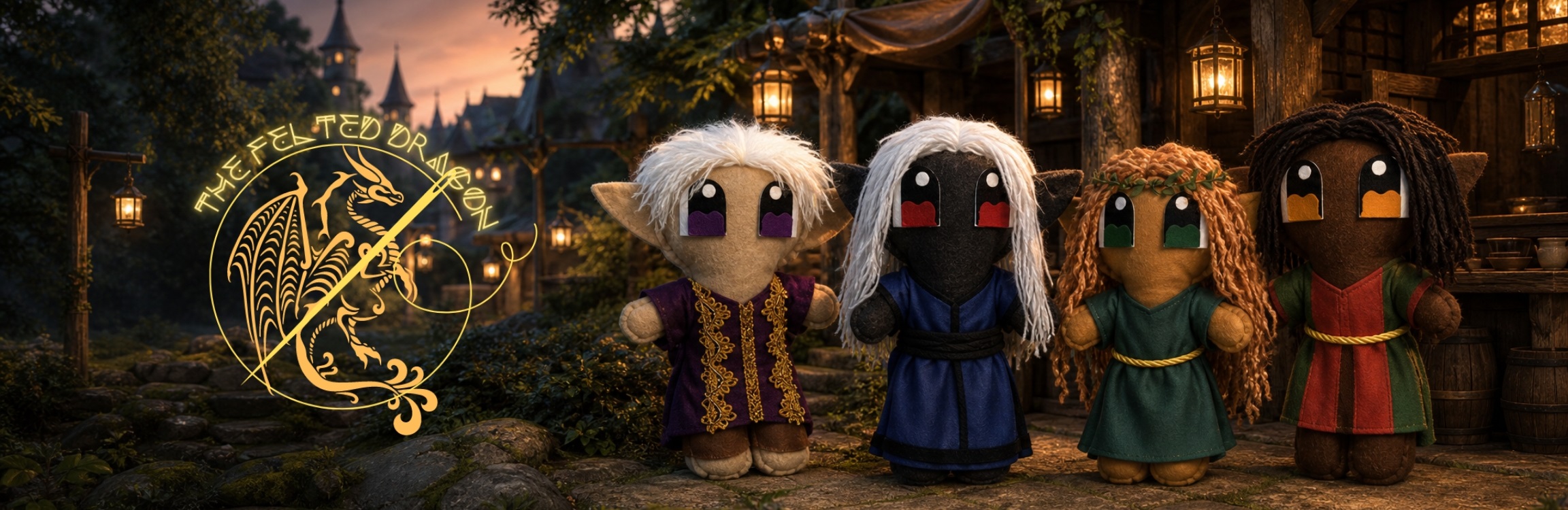 Four handmade fantasy plush companions outside a warmly lit fantasy tavern beside The Felted Dragon emblem